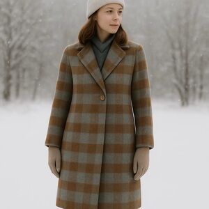 Elegant Plaid Brown and Gray Women's Pea Coat